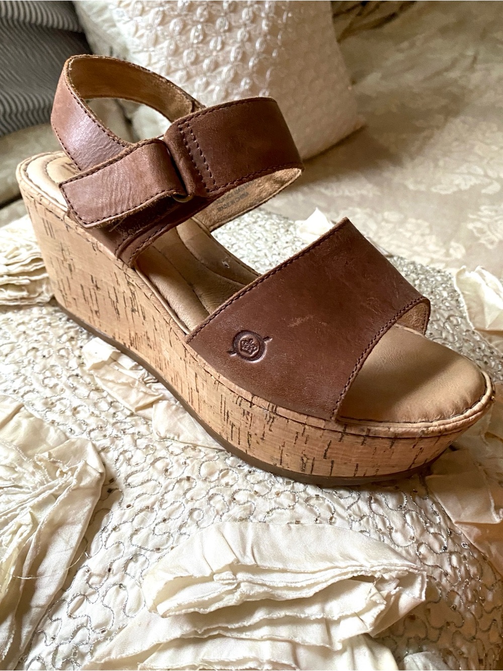 Born Mae Light Tan Brown Leather Wedge Platform Sandal Strappy Slingback Size 8